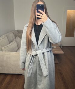 Manteau long ceinturé en laine synthétique – Gris clair