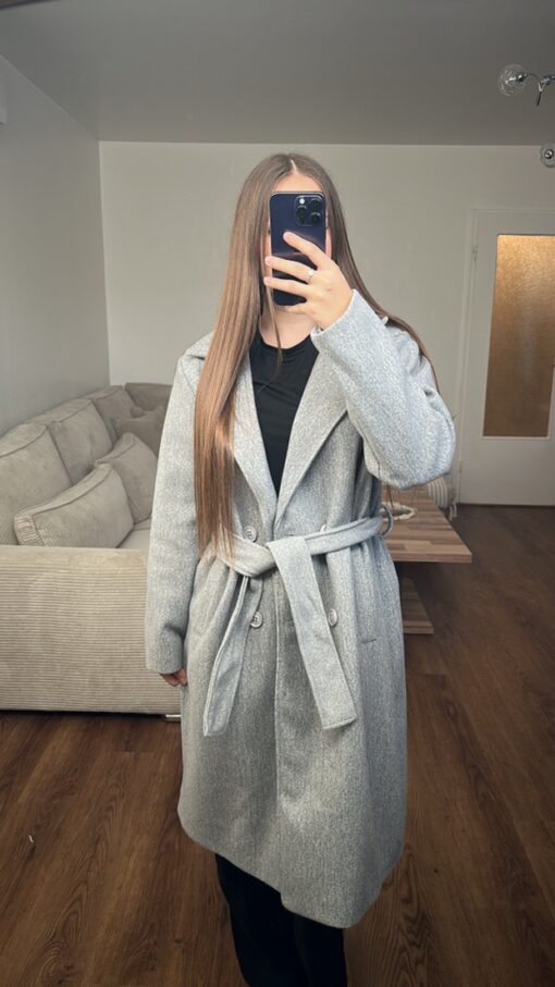 Manteau long ceinturé en laine synthétique – Gris clair
